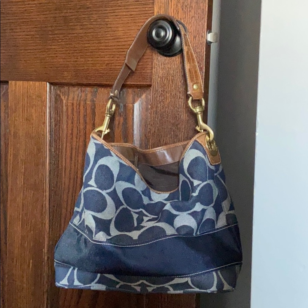 Coach shoulder purse  Blue fabric Brown leather